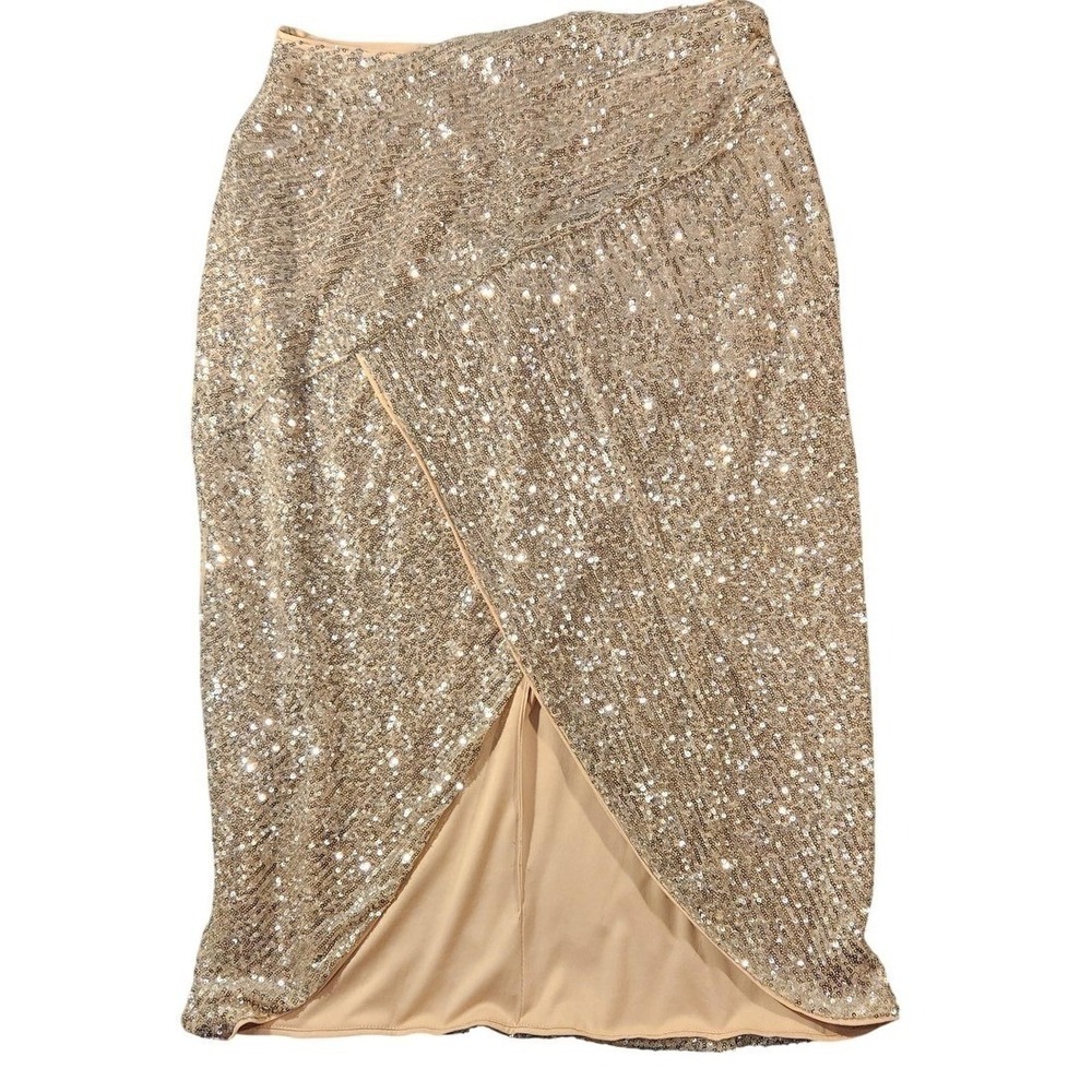 Lipsy Skirt Womens 14 Gold Sequin Tulip Midi Asymmetric Slit Lined Party